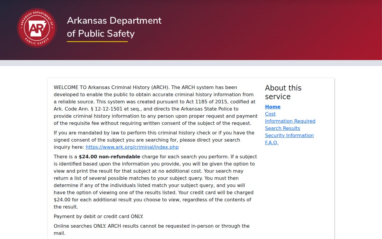 Washington County criminal record search fields on Arkansas ARCH