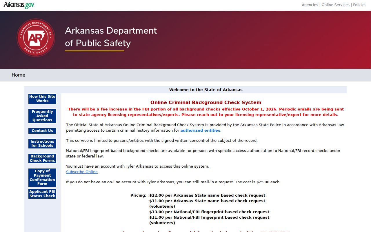 Washington County criminal history access through the Arkansas CBC system
