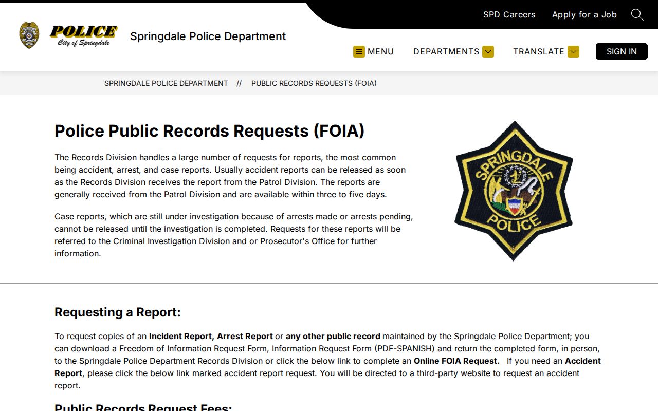 Springdale criminal records FOIA request instructions