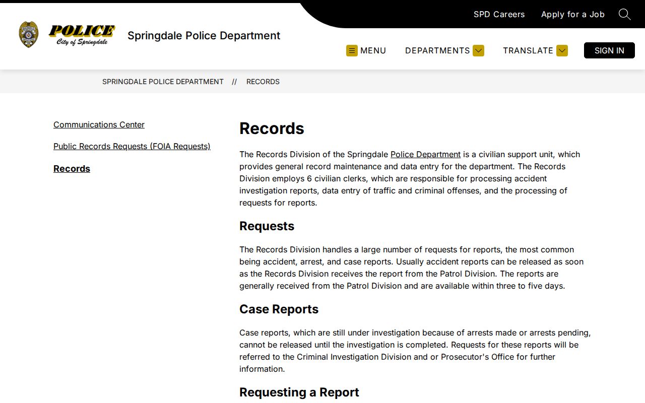 Springdale criminal records request form information