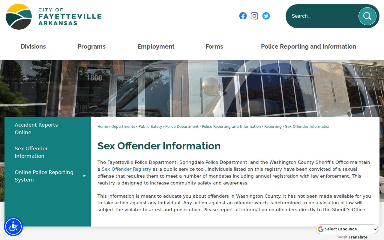 Washington County sex offender information from Fayetteville Police
